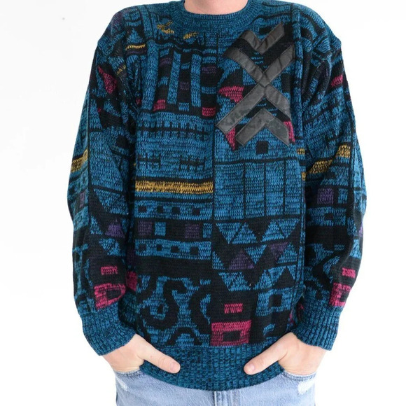 Vintage Fine Line Dead Stock Blue  90's Crewneck Knit Sweater XL - Picture 1 of 14